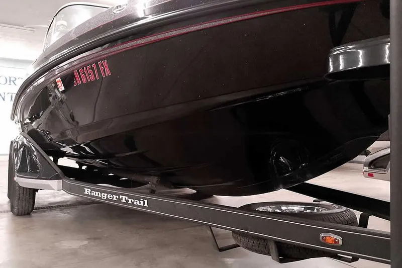 Slide: The Image of 2020 Ranger 1880MS Angler boat on Ranger Trail trailer in garage. - 5