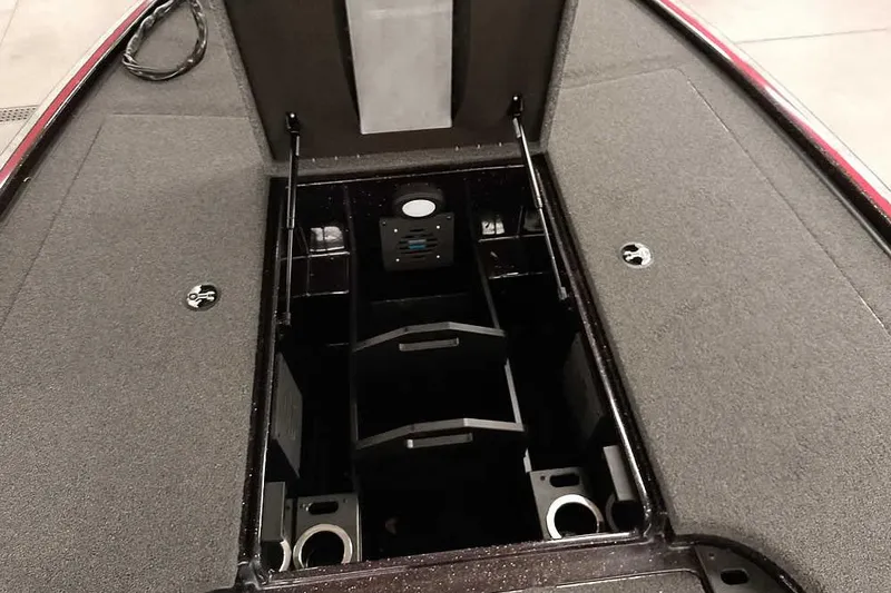 Slide: The Image of 2022 Nitro Z19 SC boat storage compartment with organized interior layout. - 20