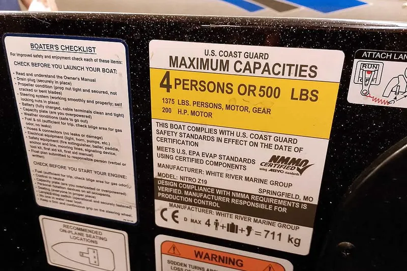 Slide: The Image of 2022 Nitro Z19 SC boat capacity label, U.S. Coast Guard compliant, 4 persons or 500 lbs. - 28
