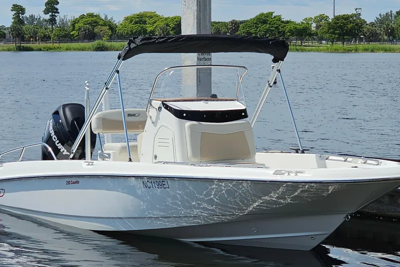 Slide: The Image of 2018 Boston Whaler 210 Dauntless boat docked on a calm lake. - 10