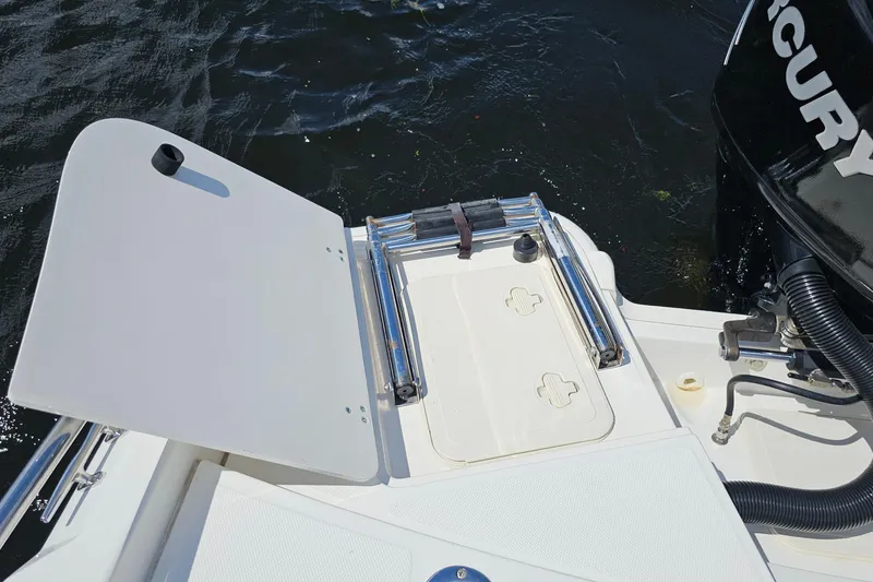 Slide: The Image of 2018 Boston Whaler 210 Dauntless boat with Mercury engine and swim platform. - 33