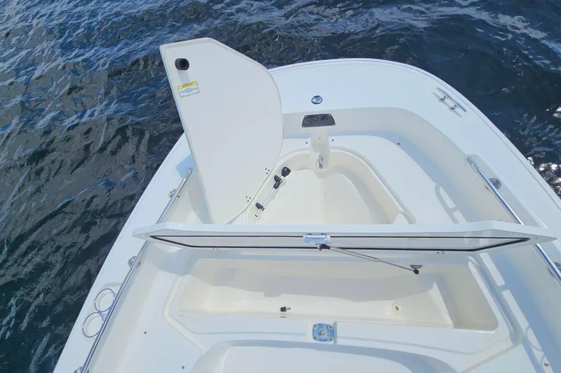 Slide: The Image of 2018 Boston Whaler 210 Dauntless boat with open storage compartment on calm water. - 43