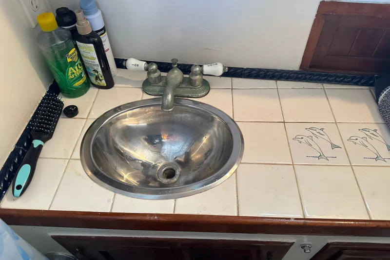 Slide: The Image of Small sink with toiletries on a tiled countertop featuring dolphin designs, in a 1973 CHB 34. - 32