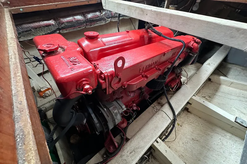 Slide: The Image of Red Lehman engine in a 1973 CHB 34 boat, detailed view. - 43