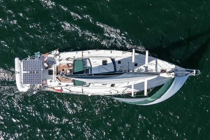 Slide: The Image of Aerial view of 2006 Bruce Roberts 49 sailboat with solar panels on deck. - 9