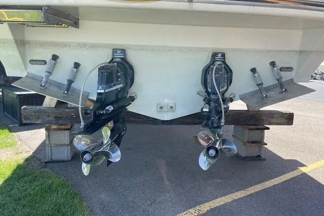 Slide: The Image of 2009 Cobalt 373 boat with dual propellers on a trailer. - 10