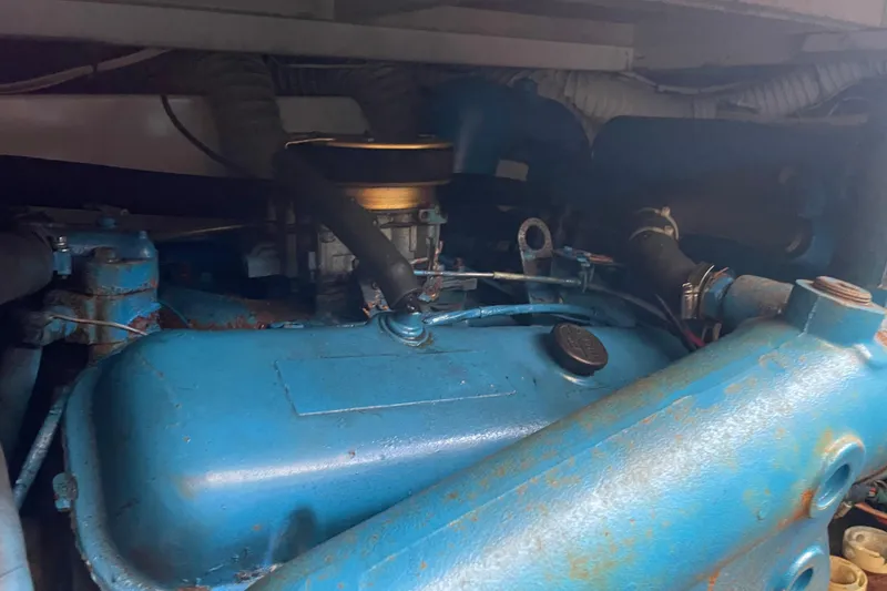 Slide: The Image of 1987 Chris-Craft 392 Commander engine, blue components, detailed view. - 28