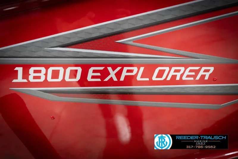 Slide: The Image of 2026 Lund 1800 Explorer Sport boat logo on a vibrant red background. - 46