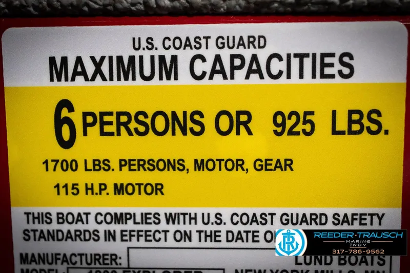 Slide: The Image of 2026 Lund 1800 Explorer Sport capacity label: 6 persons or 925 lbs, 115 HP motor. - 53