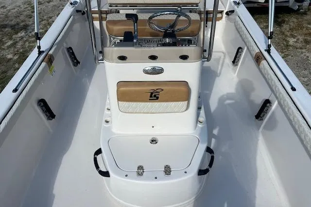 Slide: The Image of 2026 Carolina Skiff 19 LS boat interior with steering console and seating. - 8