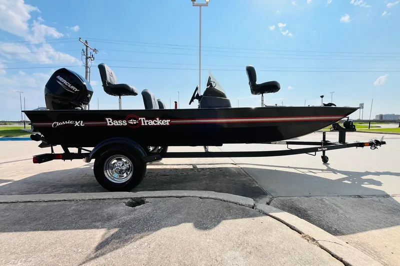 Slide: The Image of 2026 Tracker Bass Tracker Classic XL boat on trailer, outdoor display. - 3