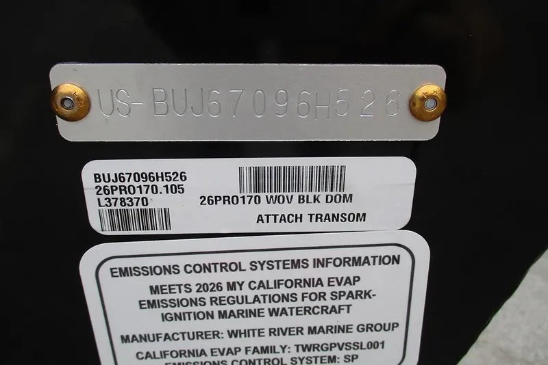 Slide: The Image of Hull identification number and emissions label on 2026 Tracker Pro 170 boat transom. - 26