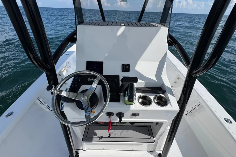 Slide: The Image of 2026 BlackJack 256 Bay boat with open storage compartments on deck. - 19