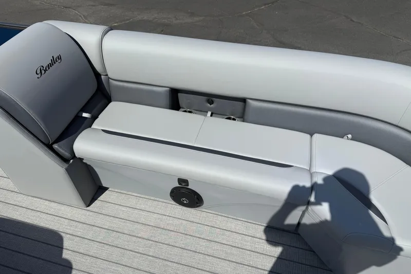 Slide: The Image of 2026 Bentley Pontoons Legacy 240 Cruise XL, luxurious gray seating detail. - 18