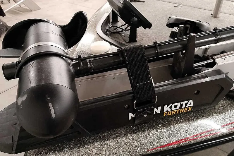 Slide: The Image of Minn Kota Fortrex trolling motor on 1996 Ranger 487VS boat deck. - 10