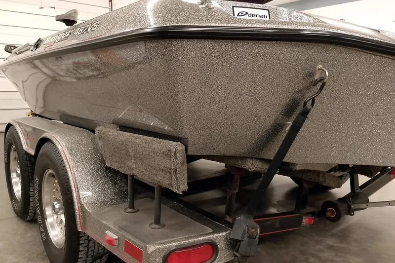 Slide: The Image of 1996 Ranger 487VS boat on trailer, metallic finish, Denali sticker, dual wheels. - 14