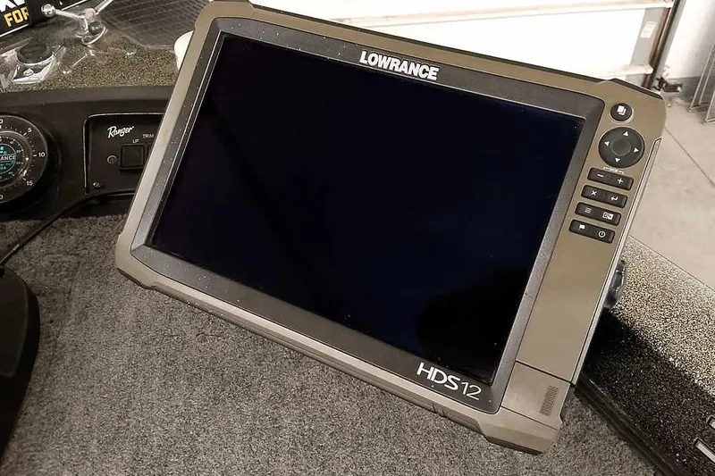 Slide: The Image of Lowrance HDS-12 fishfinder on 1996 Ranger 487VS boat dashboard. - 22