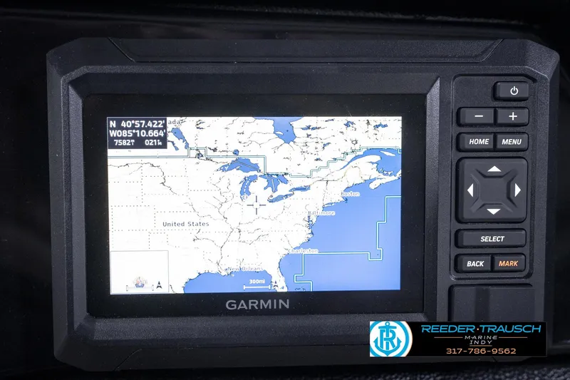 Slide: The Image of Garmin GPS display on 2026 Bennignton 168 SL, showing U.S. map and coordinates. - 34