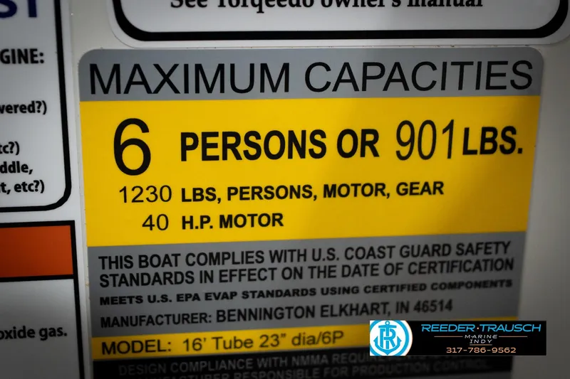 Slide: The Image of 2026 Bennignton 168 SL boat capacity label: 6 persons, 901 lbs, 40 HP motor. - 50