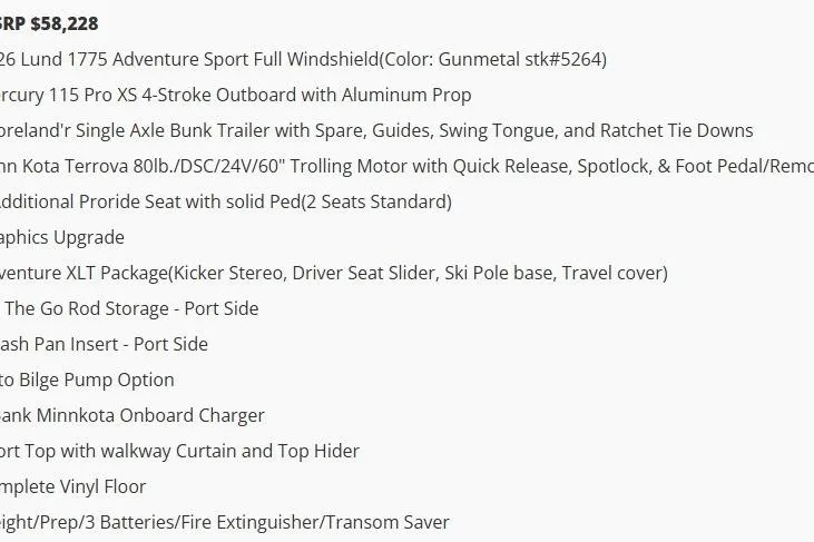 Slide: The Image of 2025 Lund 1775 Adventure Sport boat features and pricing details. - 4