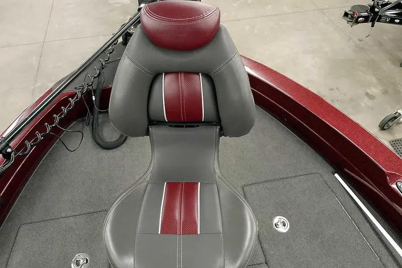 Slide: The Image of 2014 Ranger 621VS Fisherman boat seat with red and gray upholstery. - 18