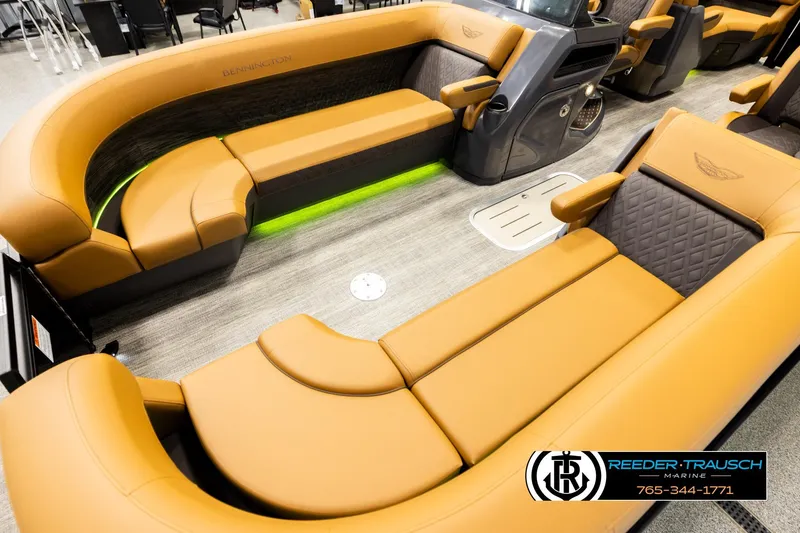Slide: The Image of Luxurious interior of 2026 Bennington MFBSE boat with tan seating and modern design. - 10
