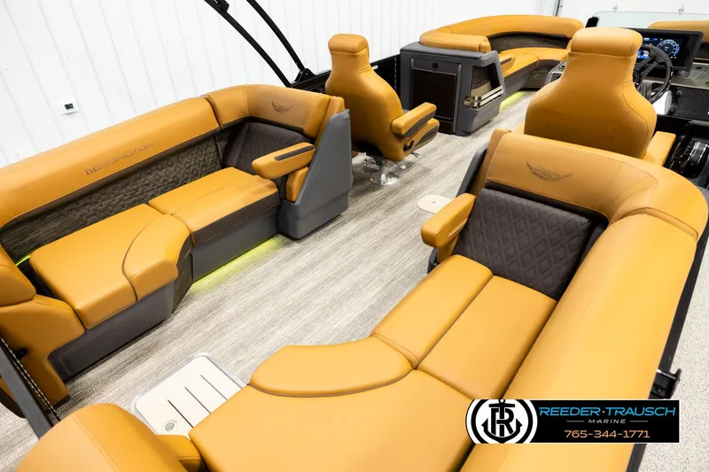Slide: The Image of Luxurious interior of 2026 Bennington MFBSE boat with tan leather seating and modern design. - 12