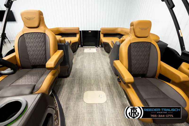 Slide: The Image of Luxurious interior of 2026 Bennington MFBSE boat with tan and brown seating. - 14