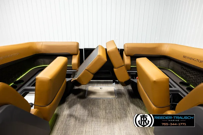 Slide: The Image of Luxurious 2026 Bennington MFBSE boat interior with tan leather seating and modern design. - 16