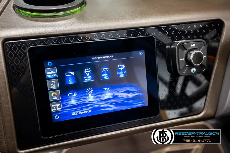 Slide: The Image of Touchscreen control panel of 2026 Bennington MFBSE boat, featuring various lighting and audio options. - 30