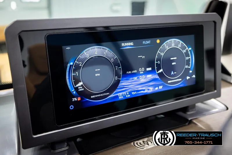 Slide: The Image of 2026 Bennington MFBSE dashboard display showing RPM and speed gauges. - 33