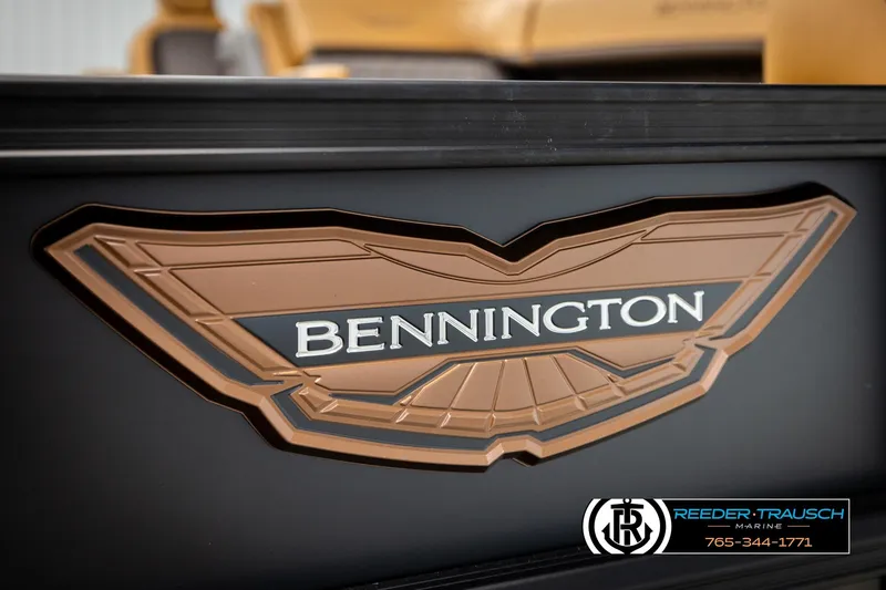 Slide: The Image of 2026 Bennington MFBSE logo on a sleek black surface, featuring Reeder-Trausch Marine branding. - 47