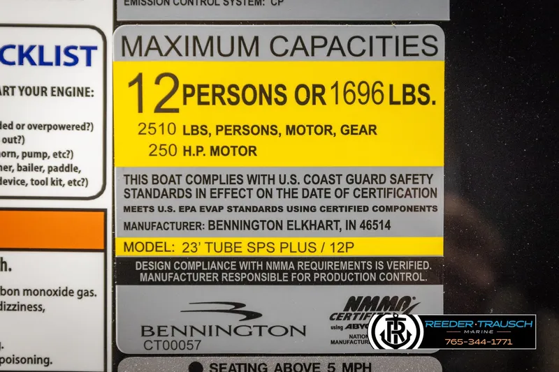 Slide: The Image of 2026 Bennington MFBSE boat capacity label: 12 persons, 1696 lbs, 250 HP motor compliance. - 54