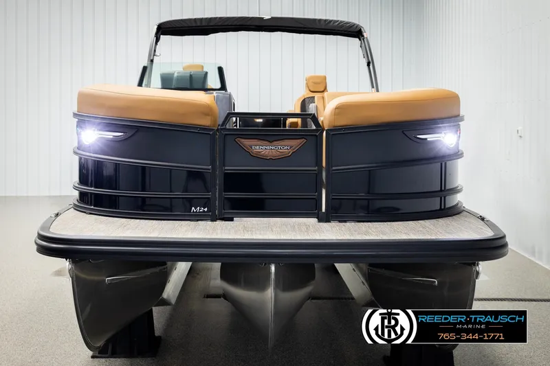 Slide: The Image of 2026 Bennington MFBSE pontoon boat with sleek design and modern features in showroom. - 8