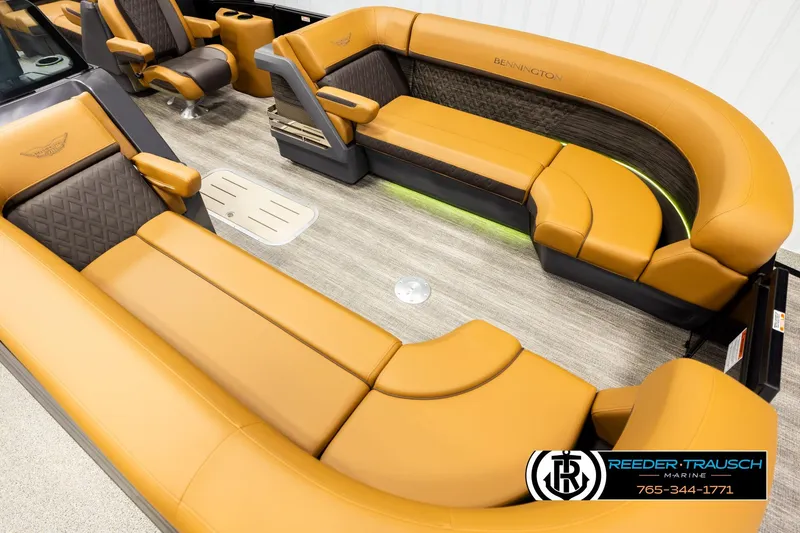 Slide: The Image of Luxurious interior of 2026 Bennington MFBSE boat with tan leather seating and modern design. - 9