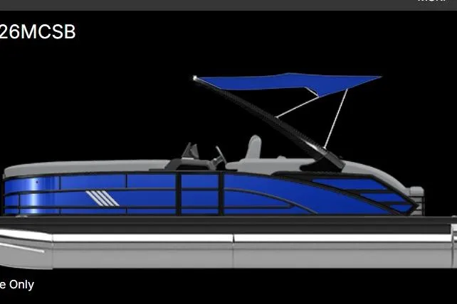 Slide: The Image of 2026 Bennington 26 MCSB pontoon boat with blue exterior, displayed on a trailer. - 1