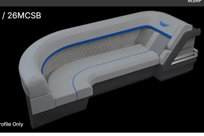 Slide: The Image of 2026 Bennington 26 MCSB pontoon boat on trailer, featuring a Mercury outboard motor. - 2