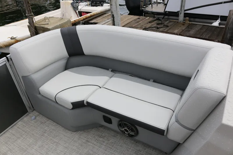 Slide: The Image of Luxurious seating on 2025 SunCatcher Select 18C pontoon boat, featuring sleek design and comfort. - 14