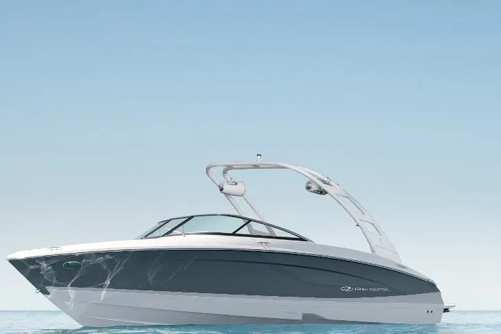 The Image of 2025 Regal LS4 boat on trailer in showroom, featuring sleek design and modern aesthetics. - 0