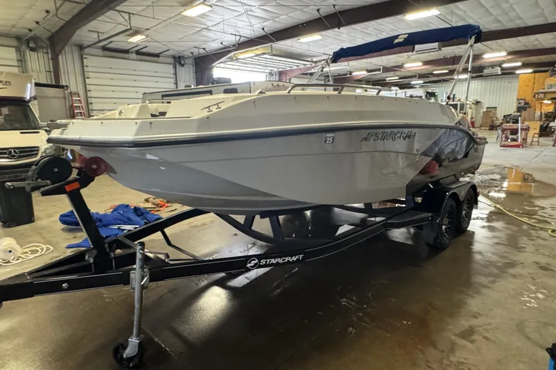 Slide: The Image of 2023 Starcraft SVX 191 OB boat on trailer in indoor storage facility. - 0