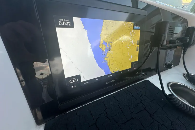 Slide: The Image of Garmin GPS display on 2021 World Cat 230 SD boat, showing map and depth. - 21