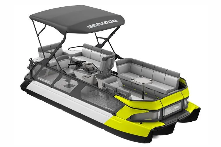 Slide: The Image of Manufacturer Provided Image: 2023 Sea-Doo Switch Cruise 21 pontoon boat with canopy and spacious seating. - 11