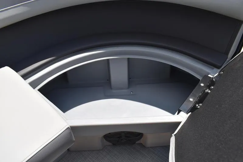 Slide: The Image of 2026 Lowe LS 170 boat seat with integrated storage compartment, featuring gray upholstery. - 23