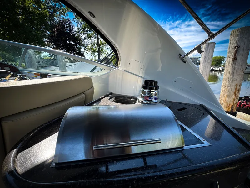 Slide: The Image of 2016 Rinker 290 Express boat interior with stainless steel grill and seating. - 28