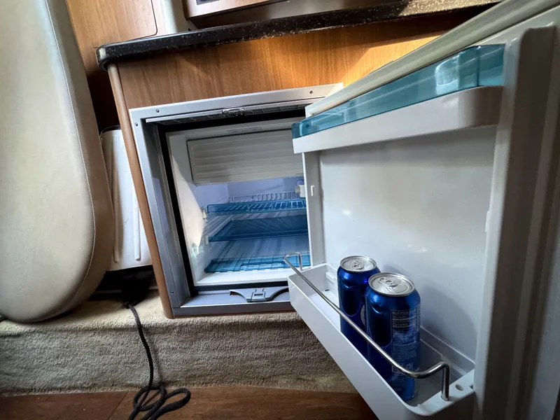 Slide: The Image of Mini fridge inside 2016 Rinker 290 Express boat with two beverage cans. - 46
