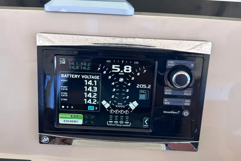 Slide: The Image of Dashboard display of a 2016 Scout 420 LXF showing speed, battery voltage, and fuel level. - 34