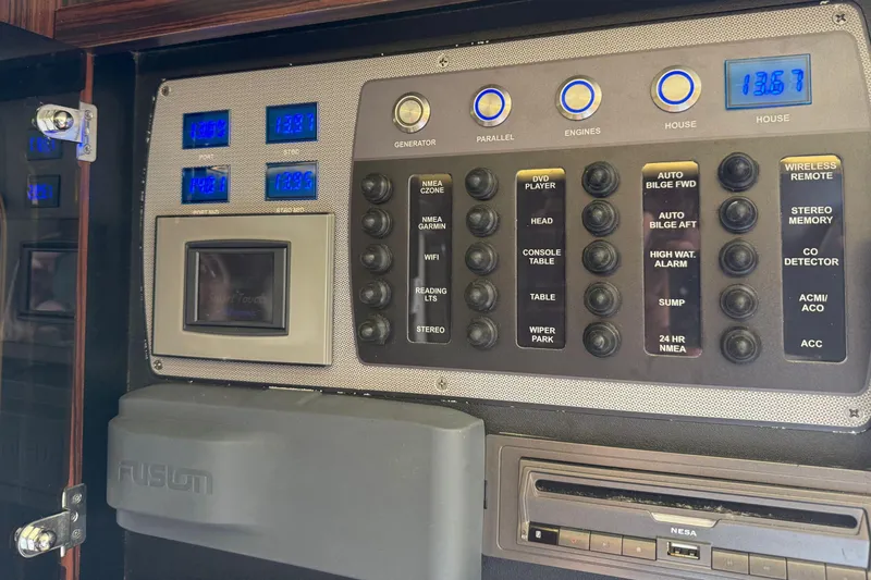 Slide: The Image of Control panel of a 2016 Scout 420 LXF boat with various switches and displays. - 62