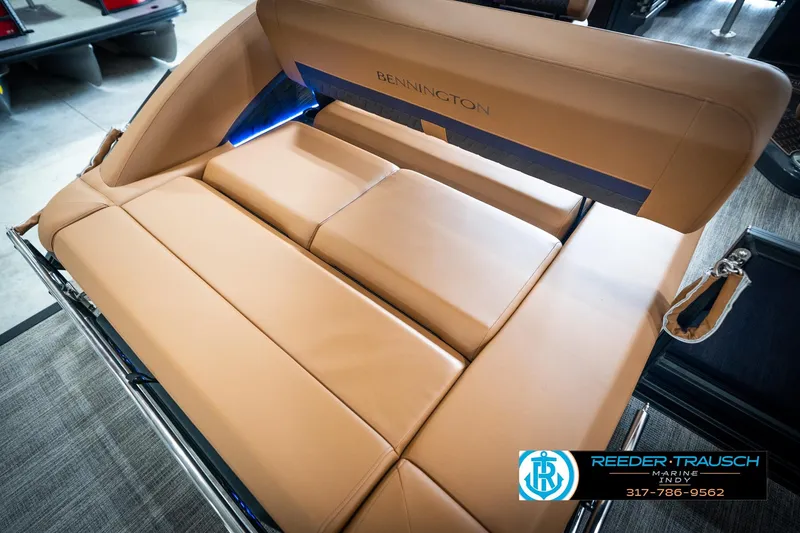 Slide: The Image of Luxurious seating on 2026 Bennington 22 MSB pontoon boat with tan upholstery. - 28
