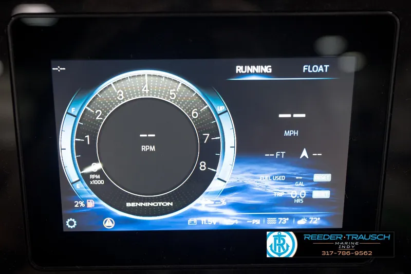 Slide: The Image of Dashboard display of 2026 Bennington 22 MSB boat showing RPM and speed metrics. - 38