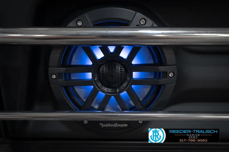 Slide: The Image of Illuminated speaker on 2026 Bennington 22 MSB boat, featuring blue LED lighting. - 47